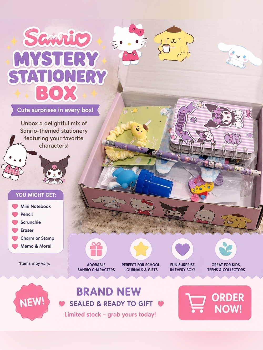 Sanrio Sanrio mystery stationery box like Hello Kitty, Pompompurin, and Kuromi